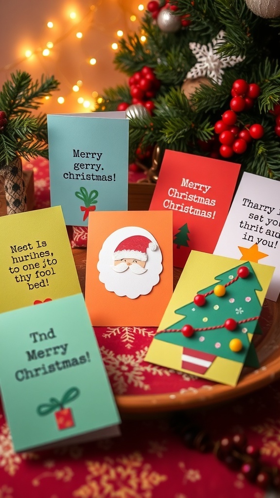 A variety of funny handmade Christmas cards with humorous designs on a festive table.